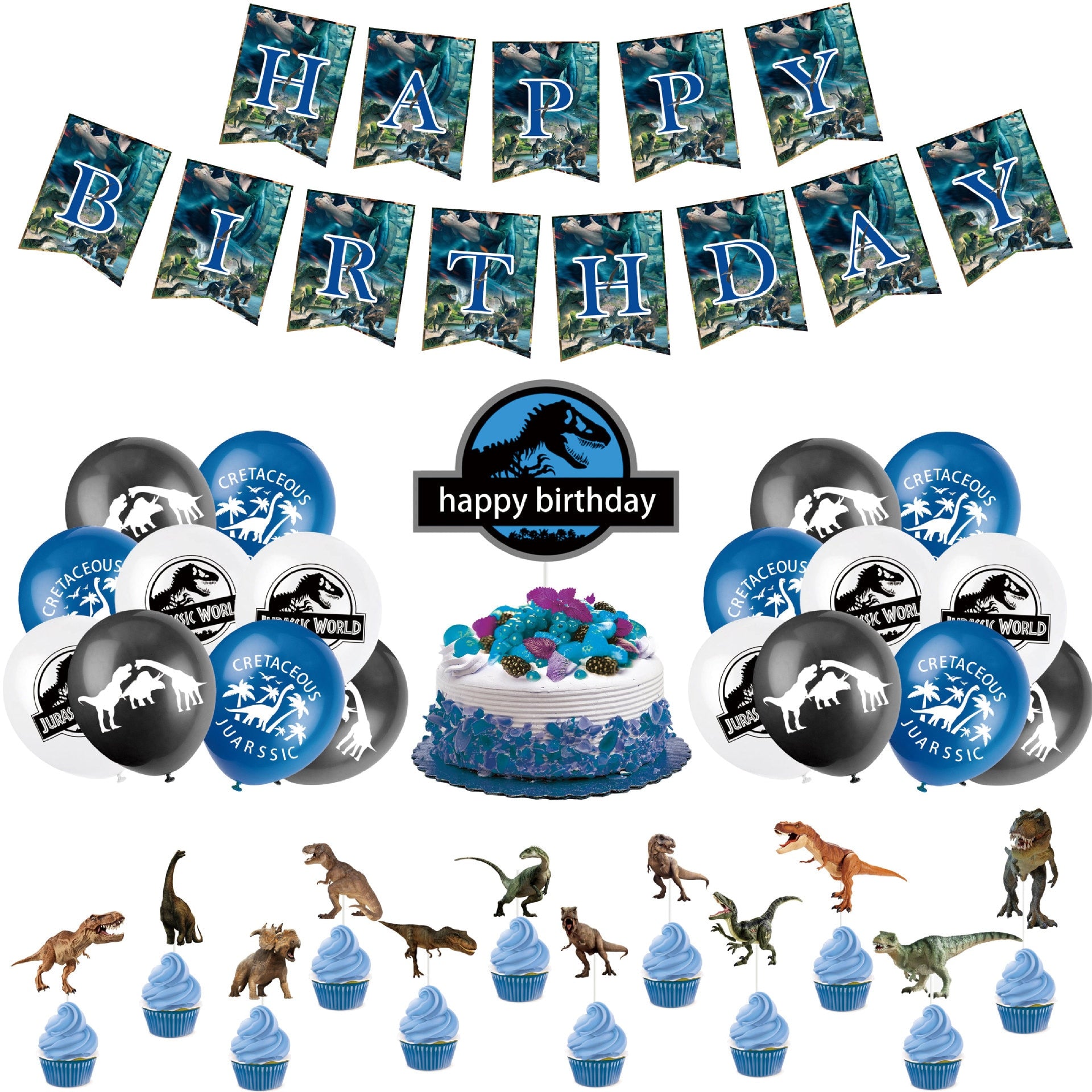 Dinosaur Balloons Birthday Party Decoration Set Cake Topper Happy Banner Boy Kids BirthdayParty 