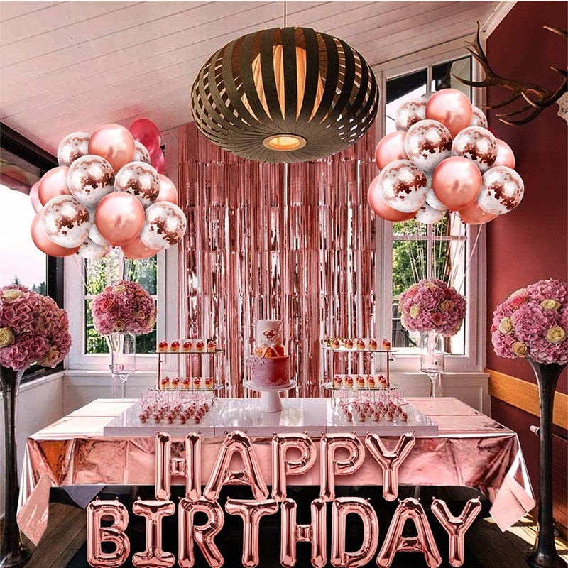 Rose Gold Happy Birthday Party Balloon Decoration Set rose gold tablecloth  Photo Background for Women Birthday  Party Supplies PartyDecorHQ