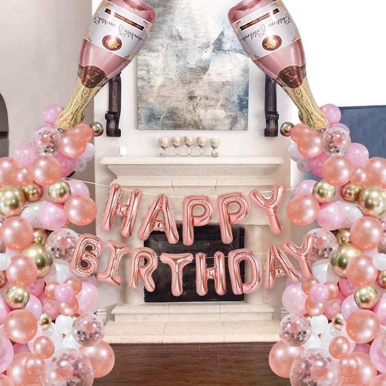 Rose Gold Balloon Garland Arch Kit Girls Birthday Party Decoration Happy Banner Confetti Wine Bottle Inflatable Decorations