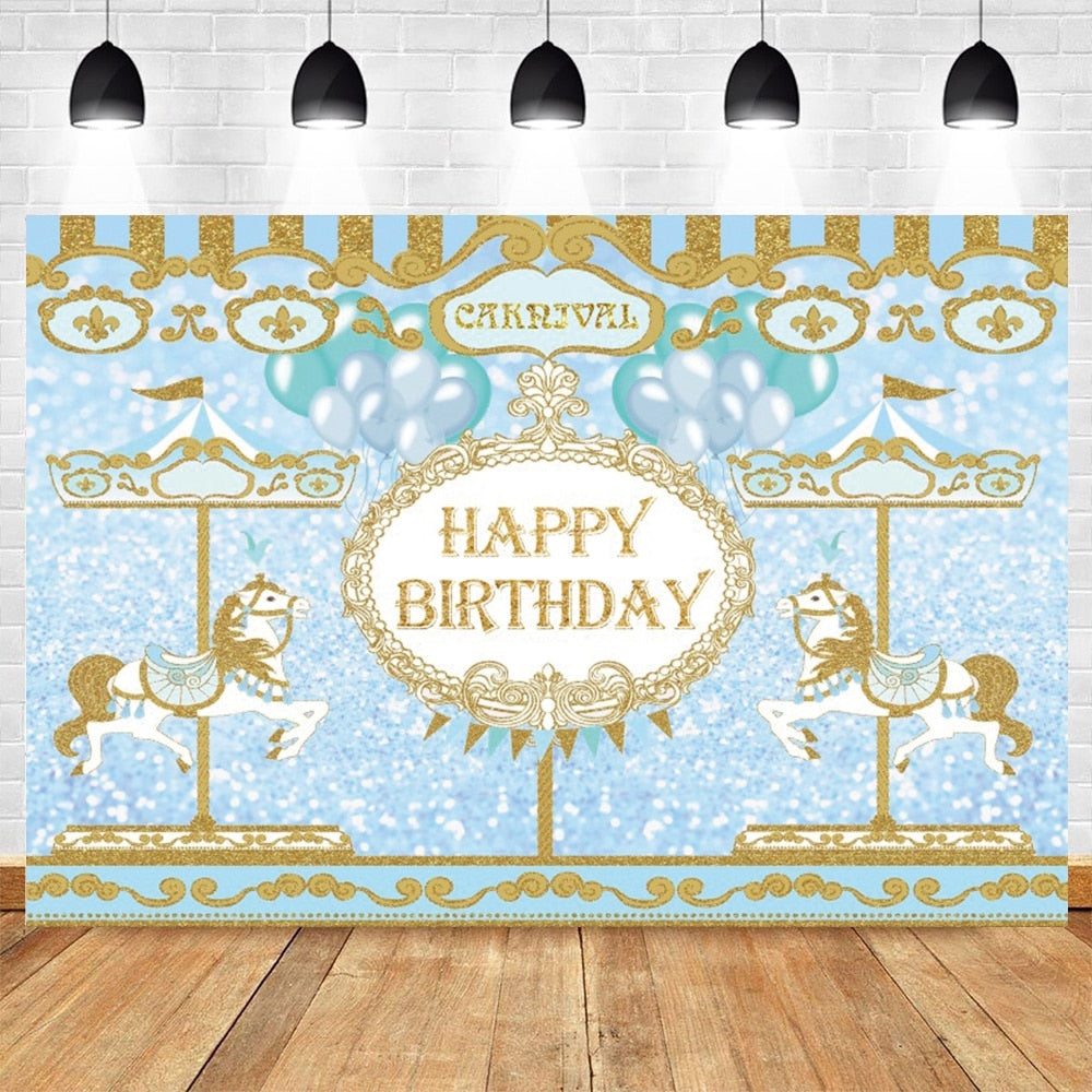 Happy Birthday Carousel Horse Photography Baby Party Decor Backdrop Photocall Background Photophone Photographic Photo Studio 