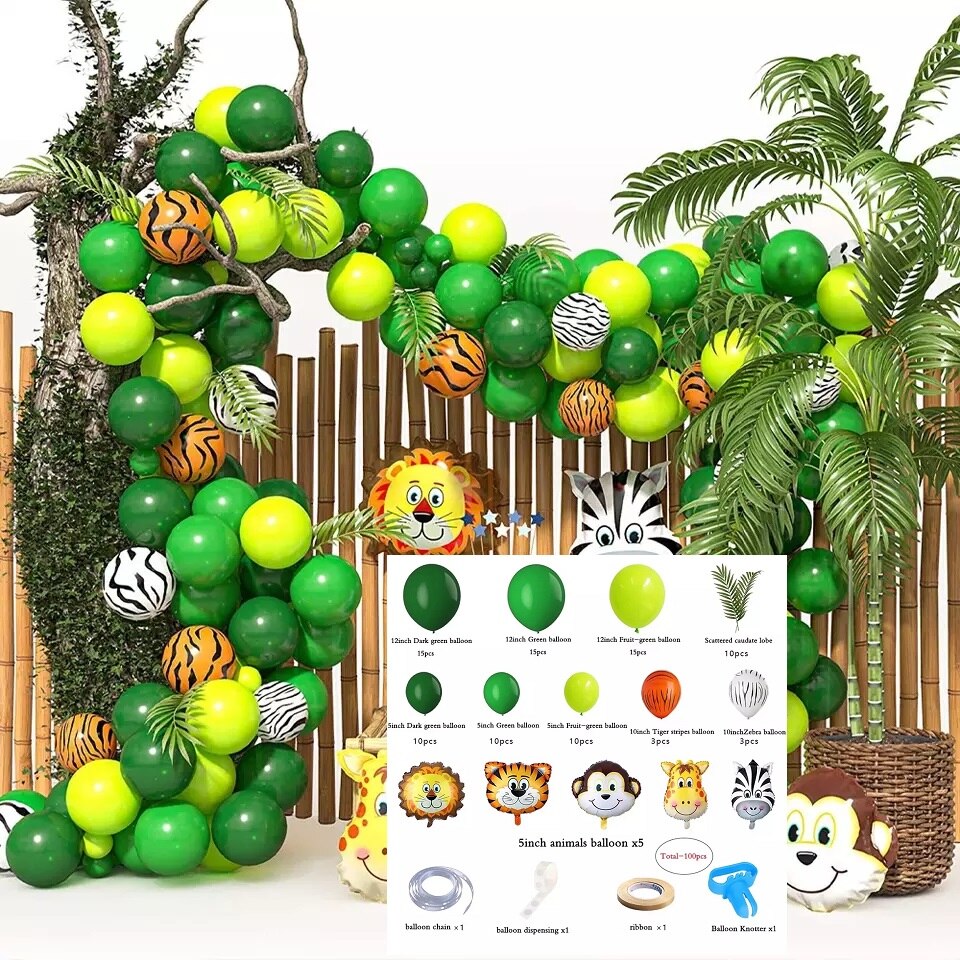 Jungle Wildlife Aluminum Foil Balloon Garland Baby Shower One Year Old Birthday Decoration Green Arch Kit Party Supplies Inflatable Decorations