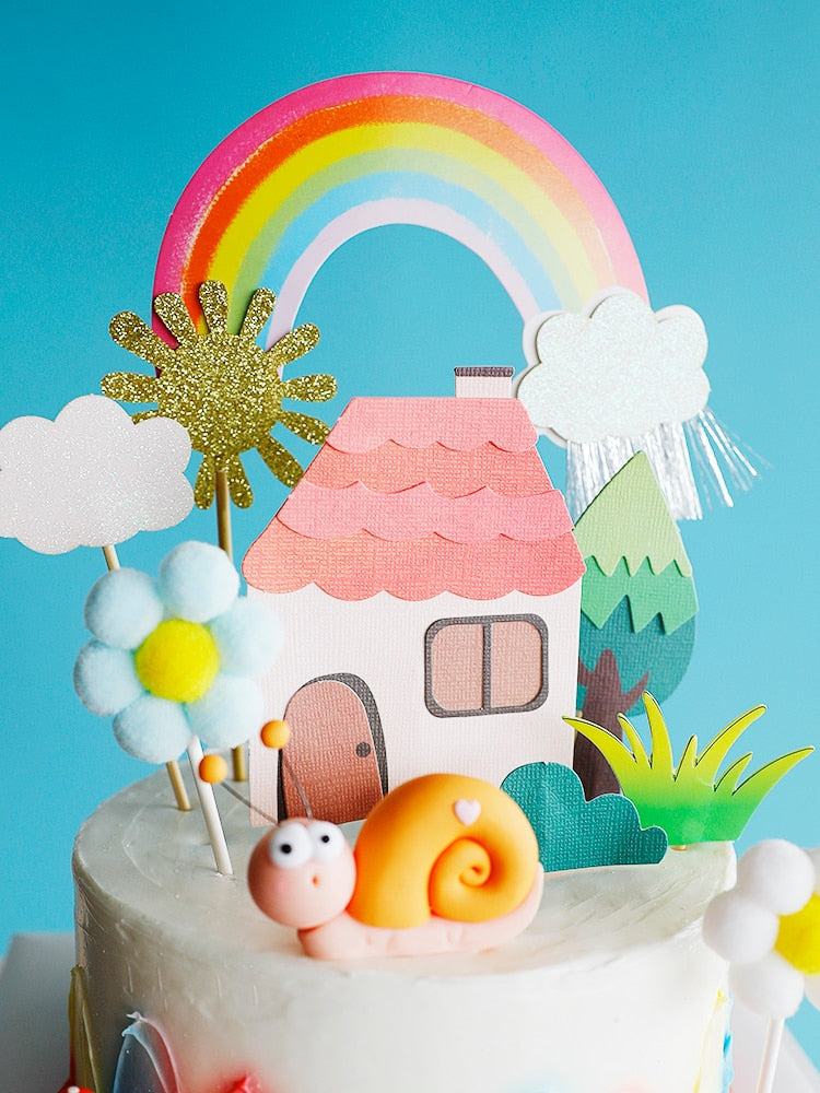 Farm animal snails Cake Topper Rainbow Sun House Kids Happy Birthday Party Cartoon Decoration 