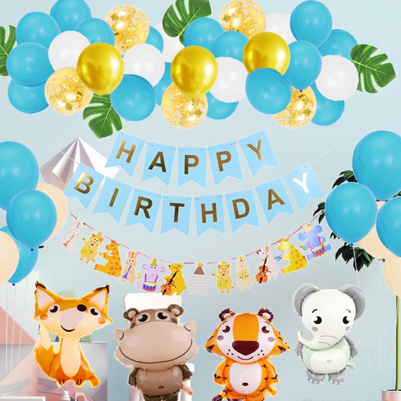 Cartoon Animal Birthday Party Decoration for Boys Birthday  Supplies with Fox Tiger Elephant Foil Balloons Artificial Leaves PartyDecorHQ