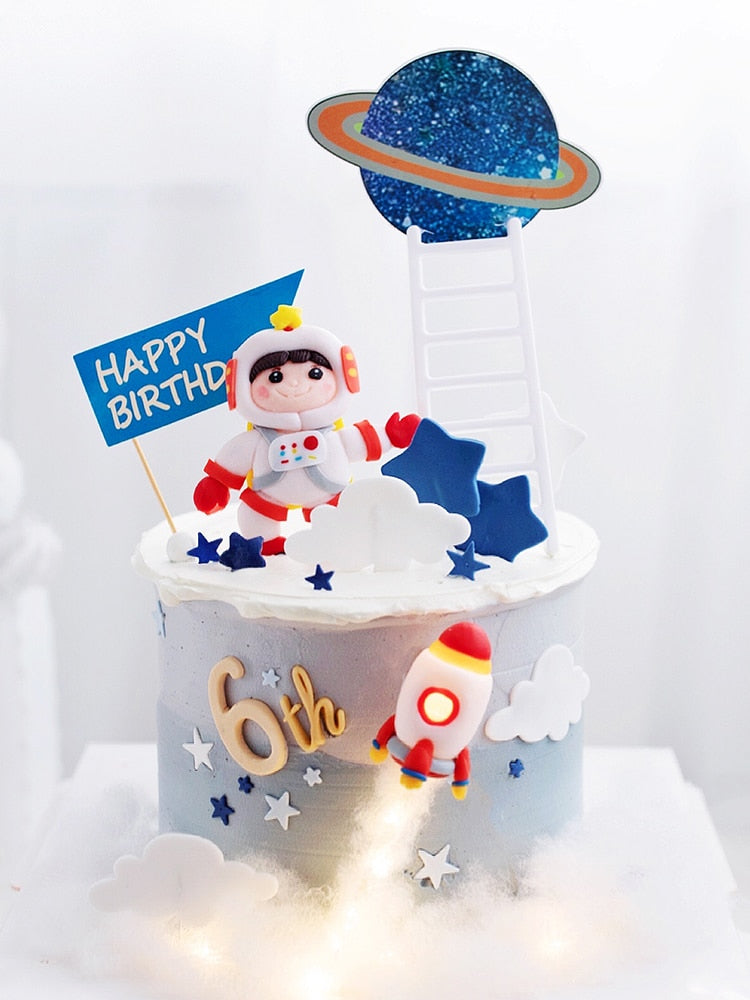 New Rocket Astronaut Planet Moon Happy Birthday Letter Decoration Cake Topper Dessert Children's Day Lovely Gifts Supplies 