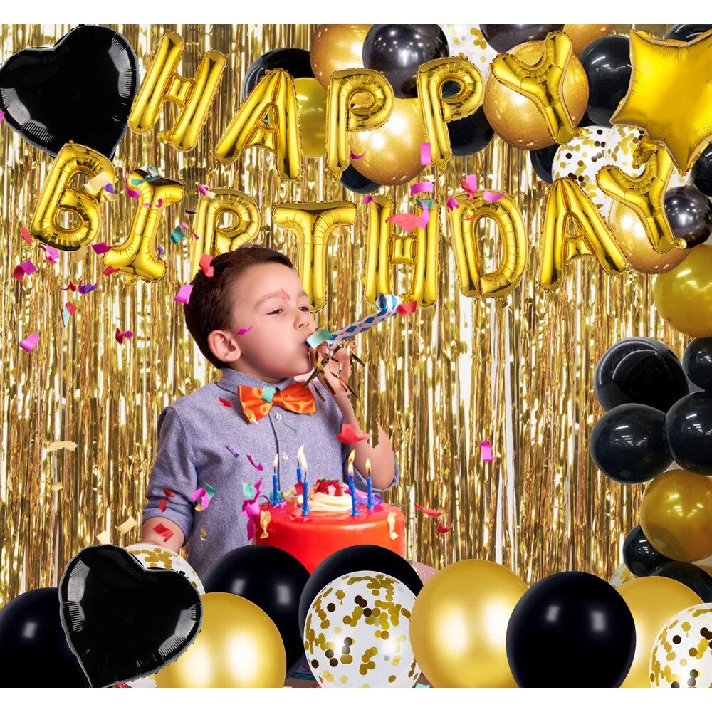 Black Gold Birthday Balloon Set Happy Foil Fringe Curtain Boy Men Baby Party Decoration 