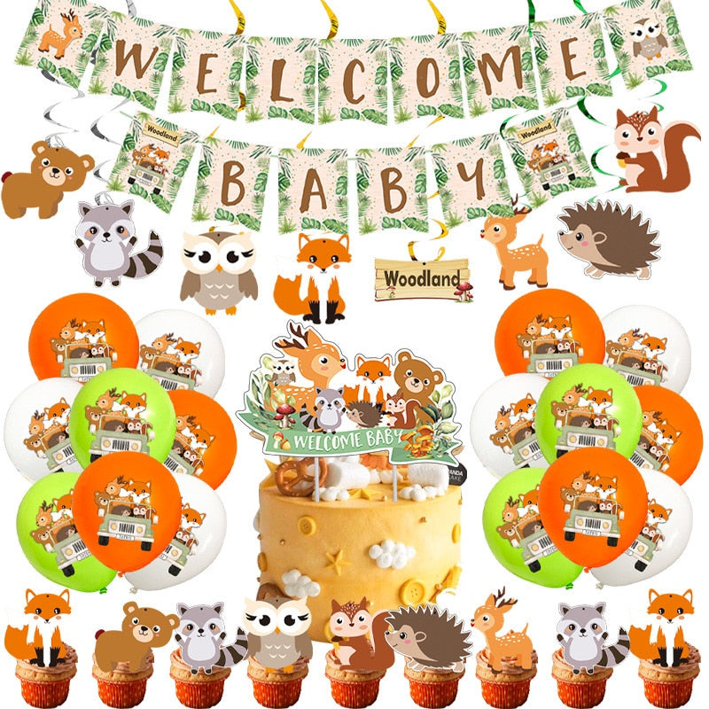 Forest animal theme birthday party balloon decoration kit hanging spiral cake topper kids boys 