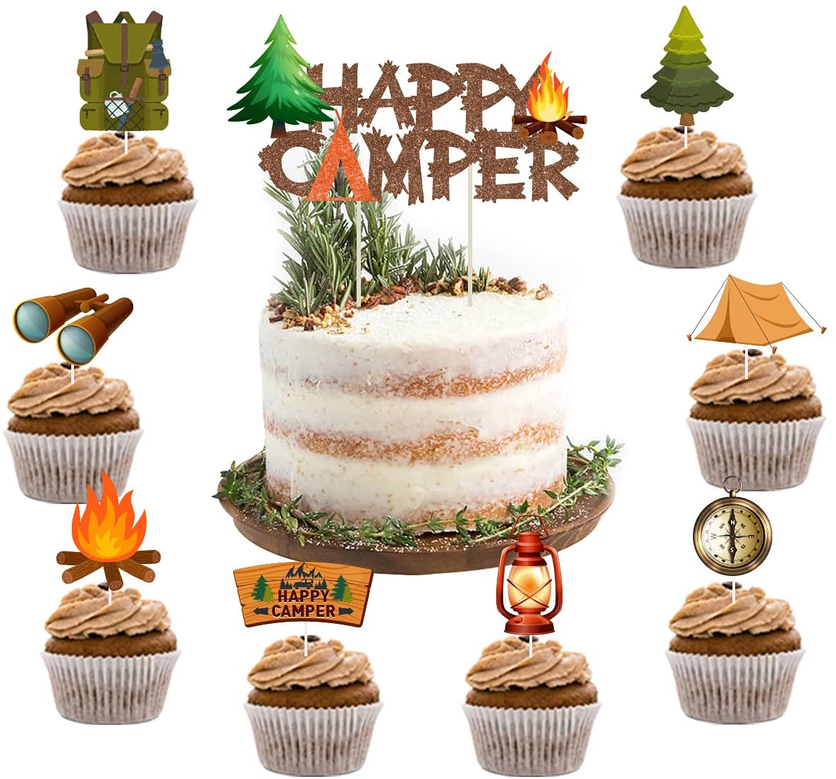 25 Pack Camping Themed Cake Toppers Kit Happy Camper Cake Topper for Kids Camping Birthday Party Supplies Decorations PartyDecorHQ