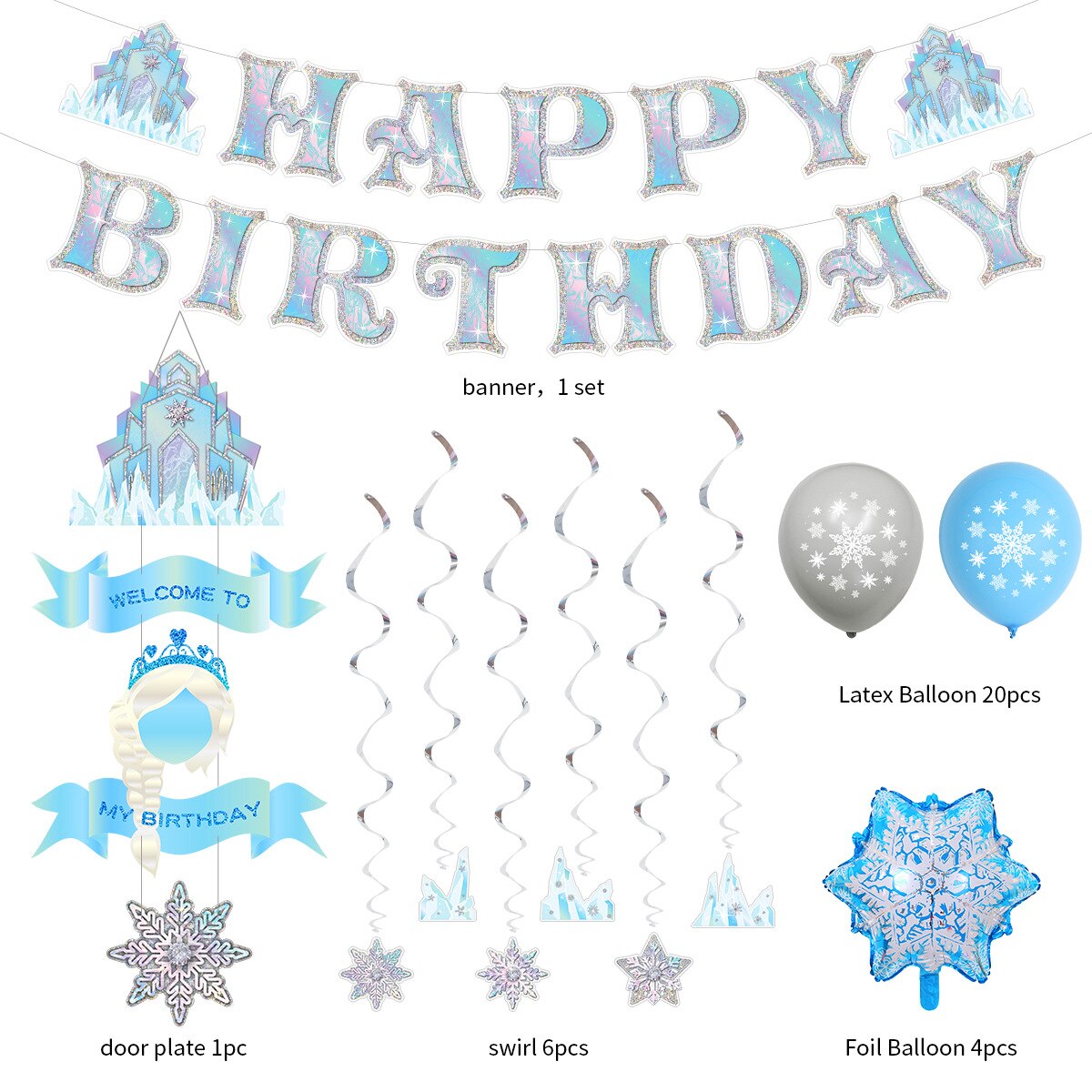 frozen Theme Birthday Party Decoration Silver Blue Set Girls st nd rd Hanging Spiral Snow Foil Balloons 