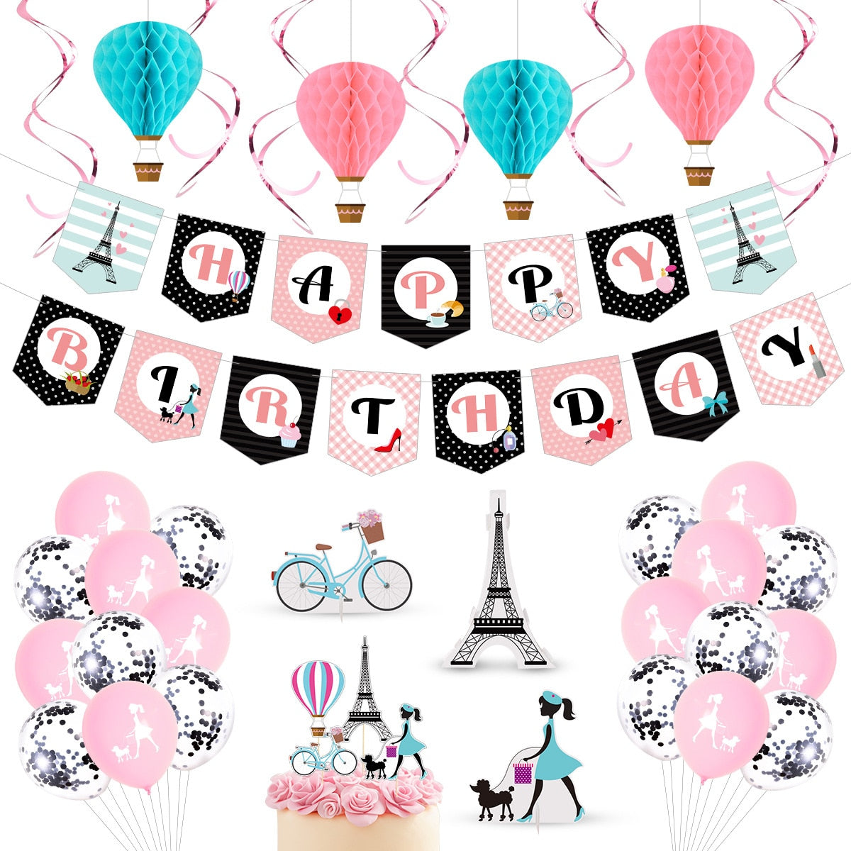 Paris Theme Birthday Decoration Blue Pink Tower Cake Topper Banner Honeycomb Ball Girls Party Supplies 