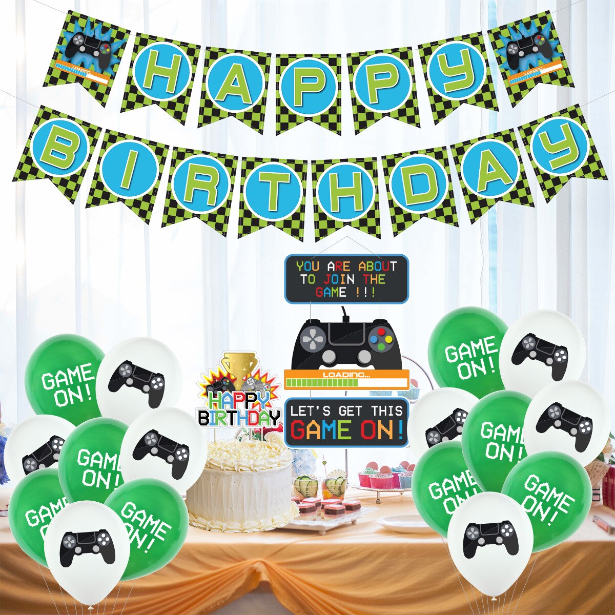 Game Birthday Party Supplies Boys Black Green Balloons Banner Cake Topper Kids Decoration 