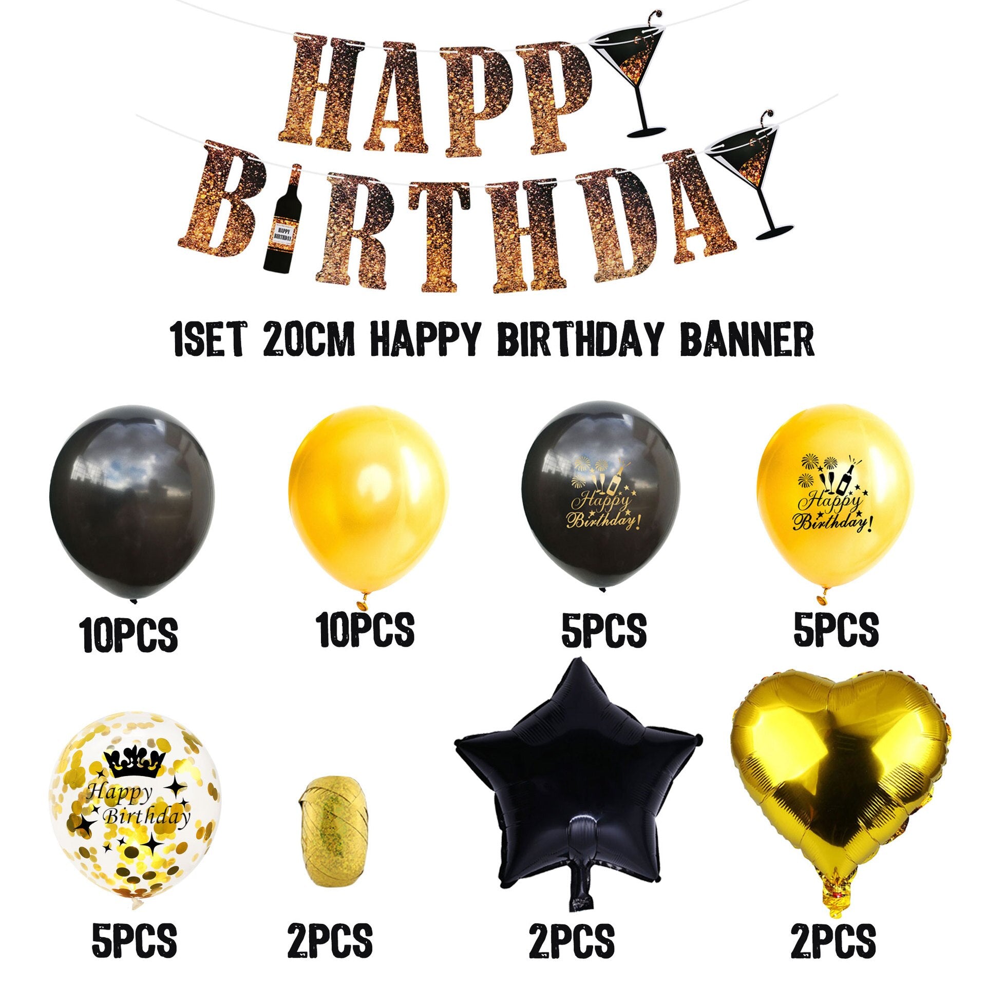 Gold Black Happy Birthday Banner Balloon Set Star Heart Foil st- th Boy Girl Men Women Decoration Inflatable Party Decorations