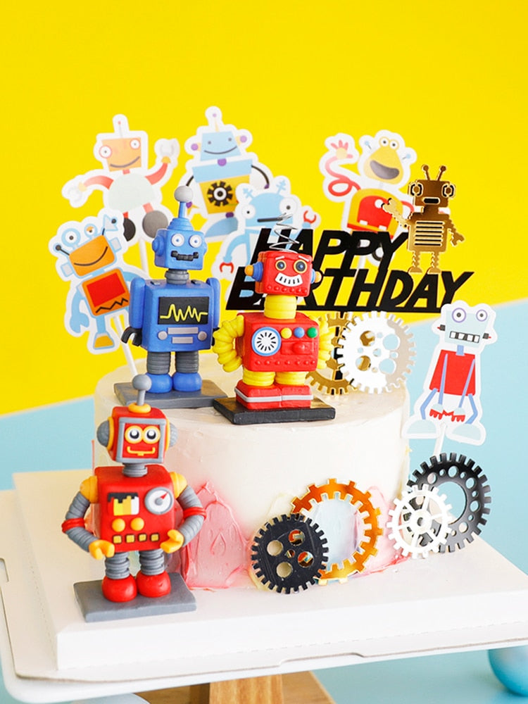 Cake Topper Baking  Punk City Mechanical Gear Birthday Card Plug-in Steam Robot Soft Pottery Doll Cake Decoration Party Supplies PartyDecorHQ