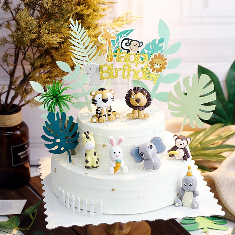 Jungle Safari Animals Birthday Party Cake Topper Soft pottery Panda Tiger Elephant oh baby year Decoration Supplies Gift 