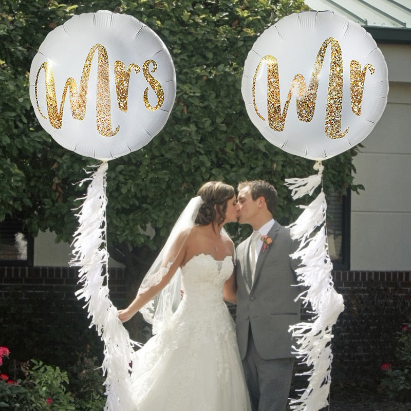 18inch Round White Gold Glitter Print Mr&Mrs LOVE foil Balloons bride to be marriage Wedding Decor Valentine's Day Supplies PartyDecorHQ