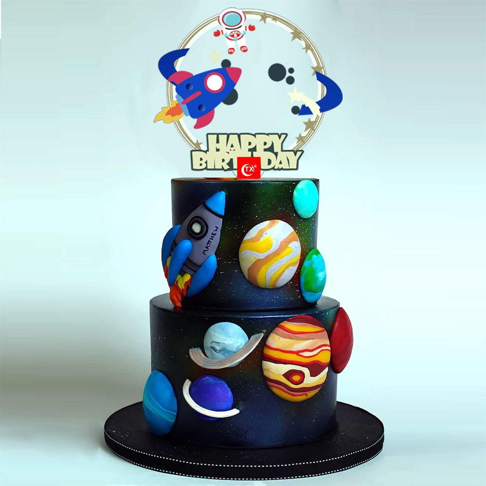 Planet Acrylic Happy Birthday Cake Toppers Transparent Astronaut Space Kids Party Cupcake Decorations 