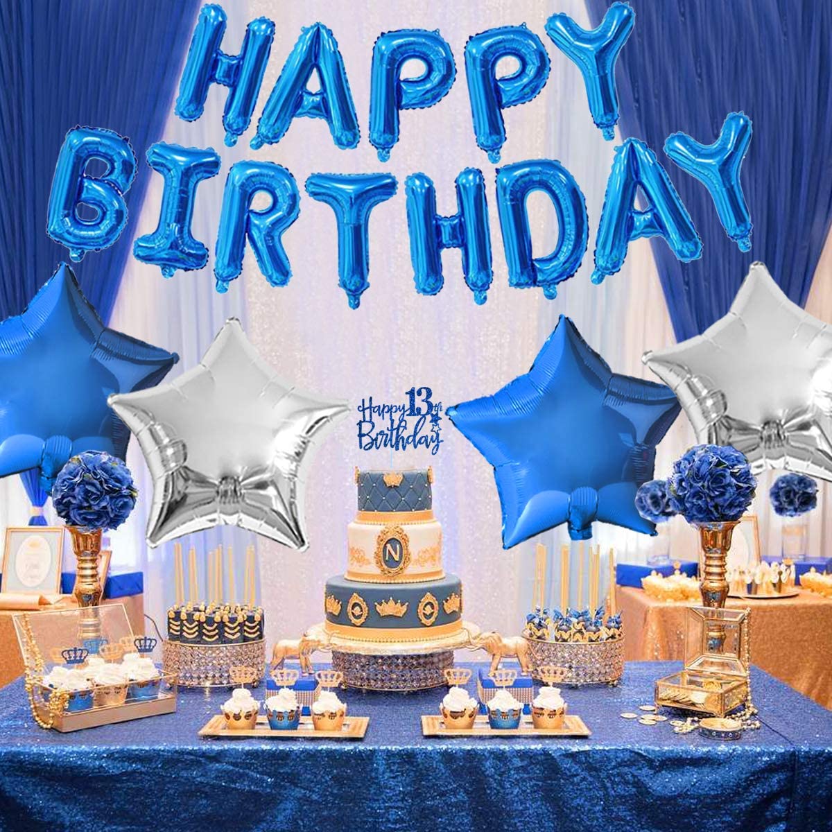 Pcs Blue th Birthday Decorations Balloon Set Boys Girls Happy Banner Cake Topper Hanging Swirls 