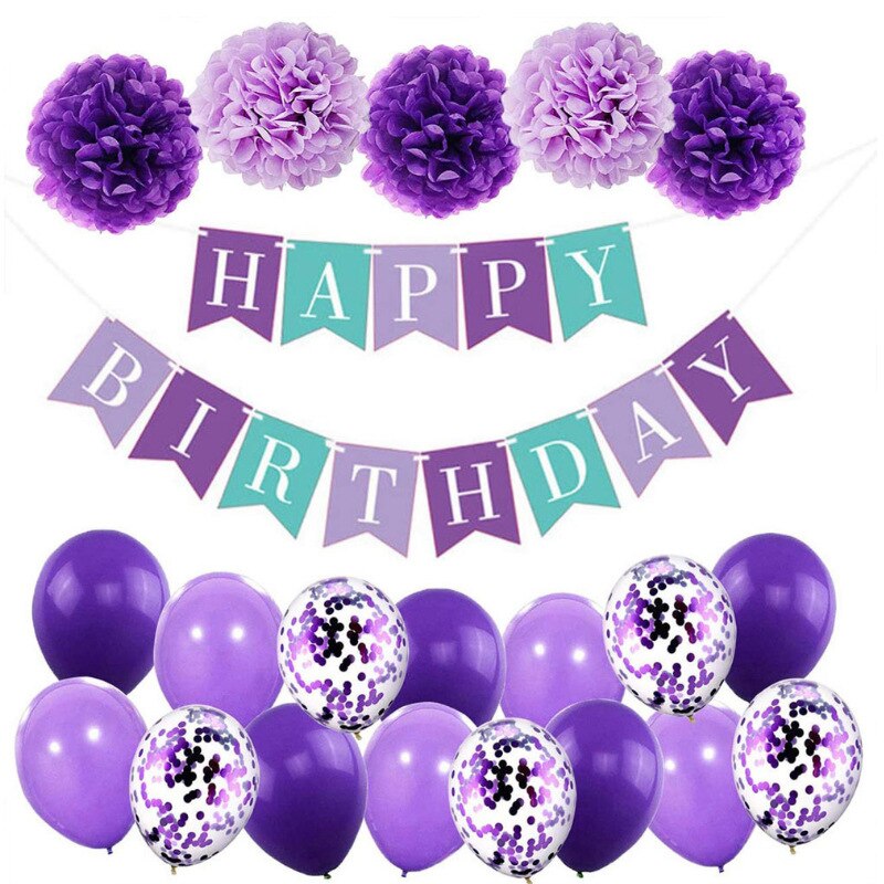 Happy Birthday Party Decoration Rainbow Purple Latex Balloon Set Paper Pompoms Banner Girl Supplies 