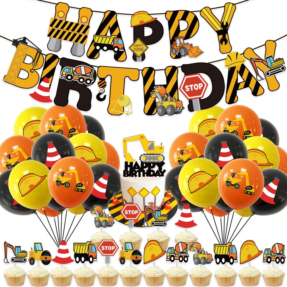 Construction Birthday Decorations Truck Banner Hat Printing Balloons Cake Toppers Boys Party 