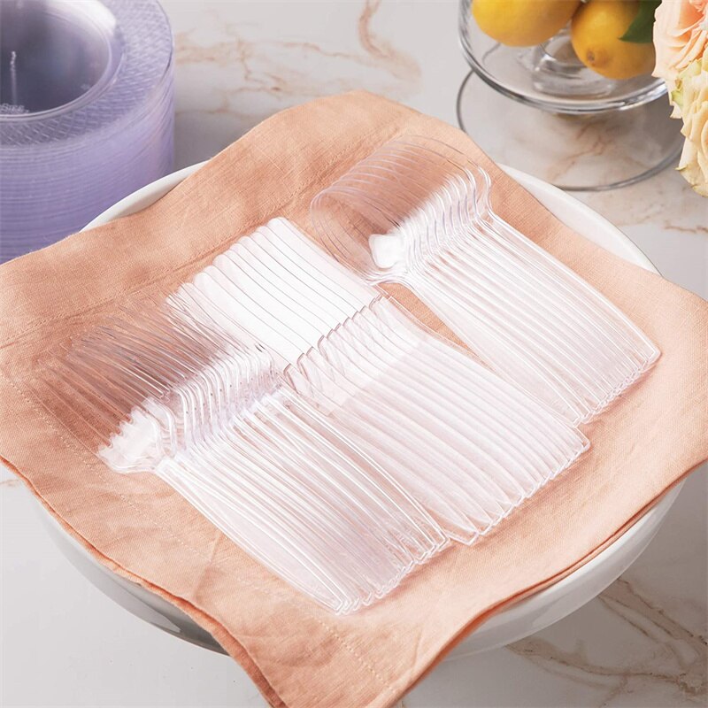 48/96/144/216pcs Plastic Cutlery Disposable Tableware Dinnerware Crystal Knife Fork Spoon For Party Household Supplies PartyDecorHQ