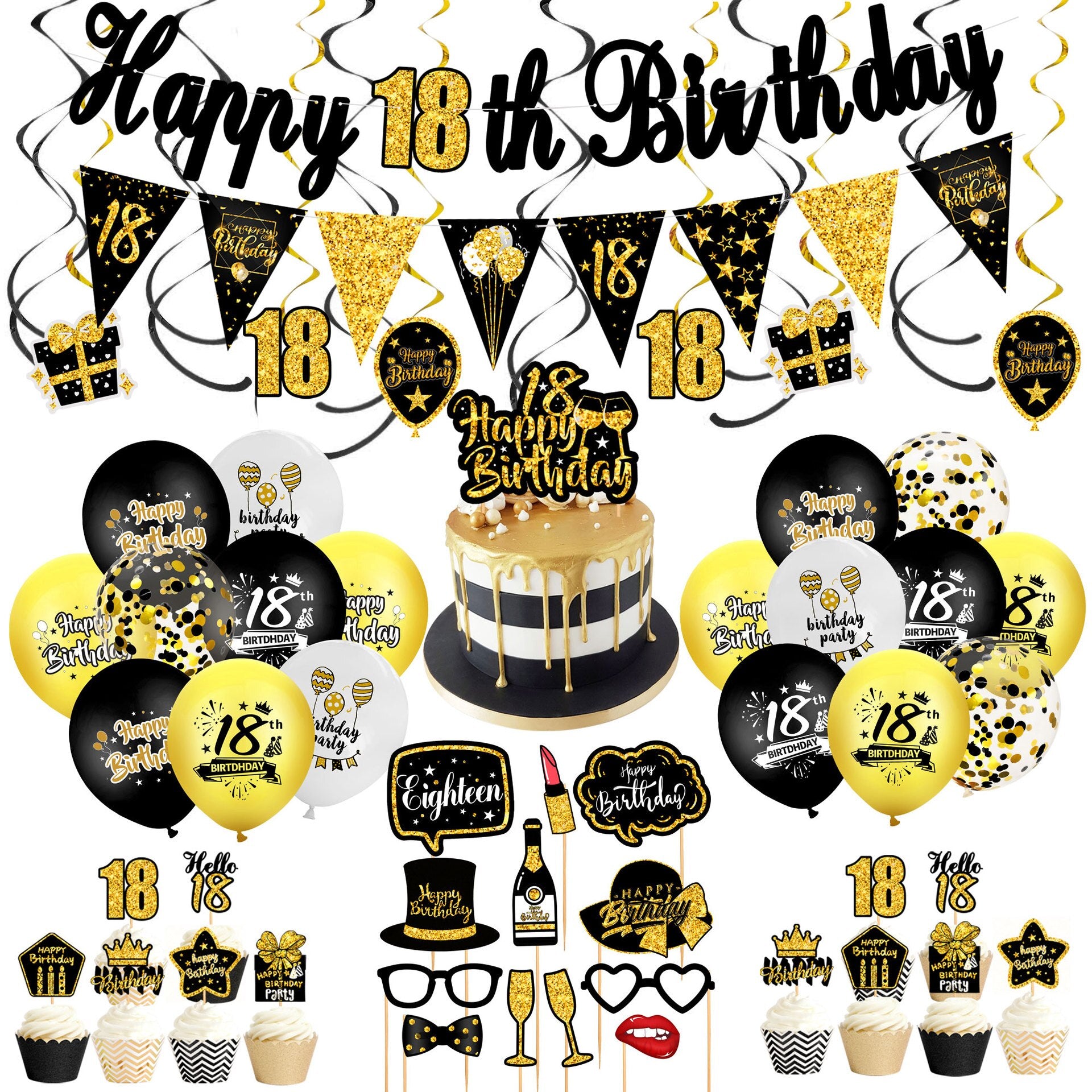 Birthday Balloon Arch Kit Back Gold Glitter Banner Photo Props CakeTopper Men Women th Party Decoration 