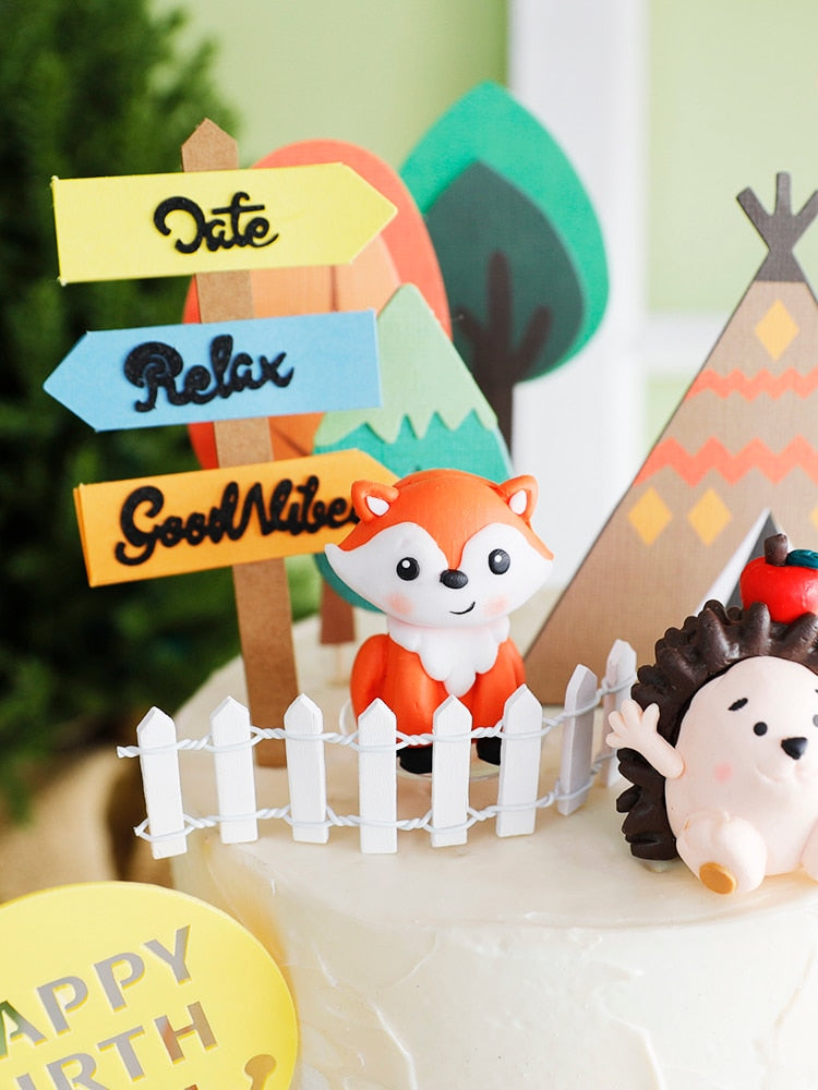 Animals Hedgehog fox frog pen Tree Cake Topper Birthday Party Decoration Baking Supplies Baby Shower Dessert Decorating 