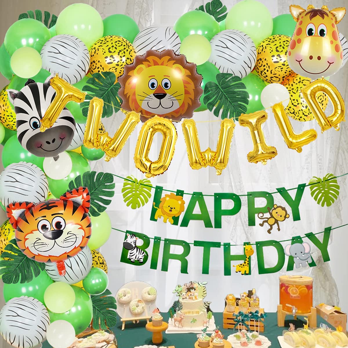 Jungle Theme Balloons Set TWO WILD Animals Green Artificial Palm Leaves Boy nd Happy Birthday Party Decoration 