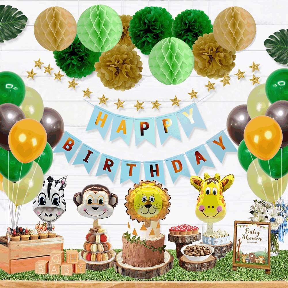 Forest Animal Theme Birthday Party Decoration Boys Zebra Lion Giraffe Balloon String Paper Pom Poms Honeycomb Ball 