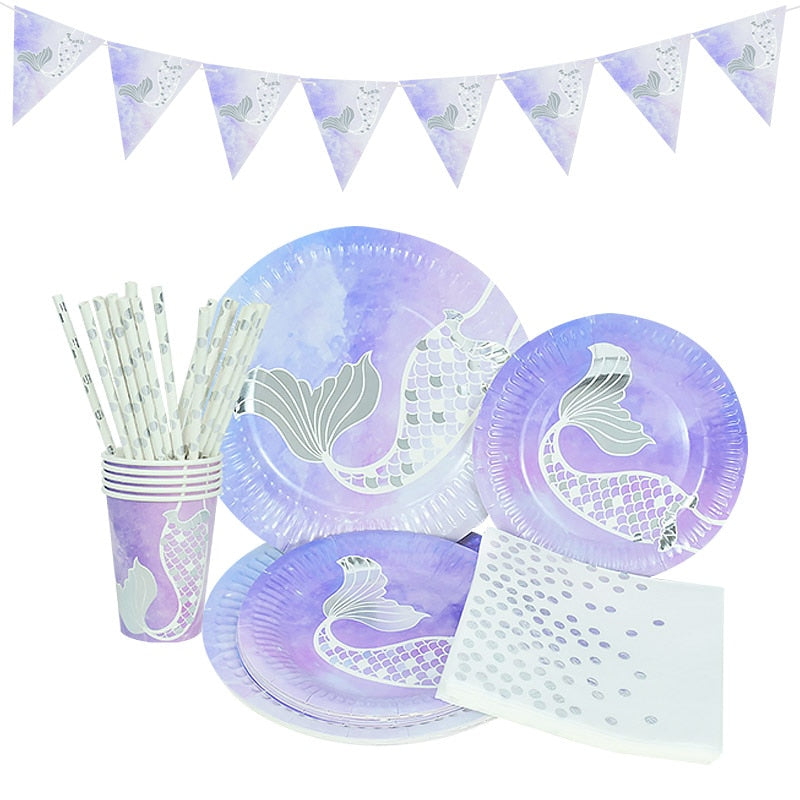 Mermaid Birthday Party Decorations Disposable Tableware Sets Kids Baby Shower Favors Supplies 