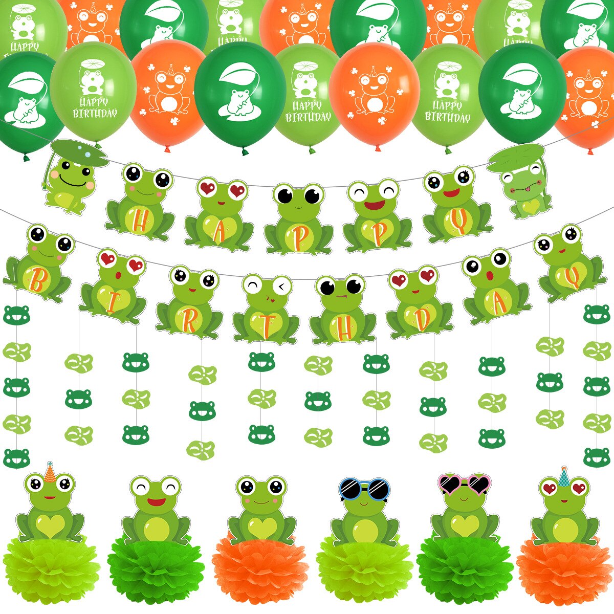 Frog Theme Birthday Party Decoration Frog Happy Birthday Banner Cake Topper Hanging Swirls Tassel Honeycomb Ornaments for Kids PartyDecorHQ