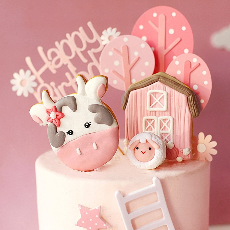 Farm Animal Cake Decoration Cows Sheep Pig Acrylic Ladder Happy Birthday Flags Topper Baby Shower Party Decor 