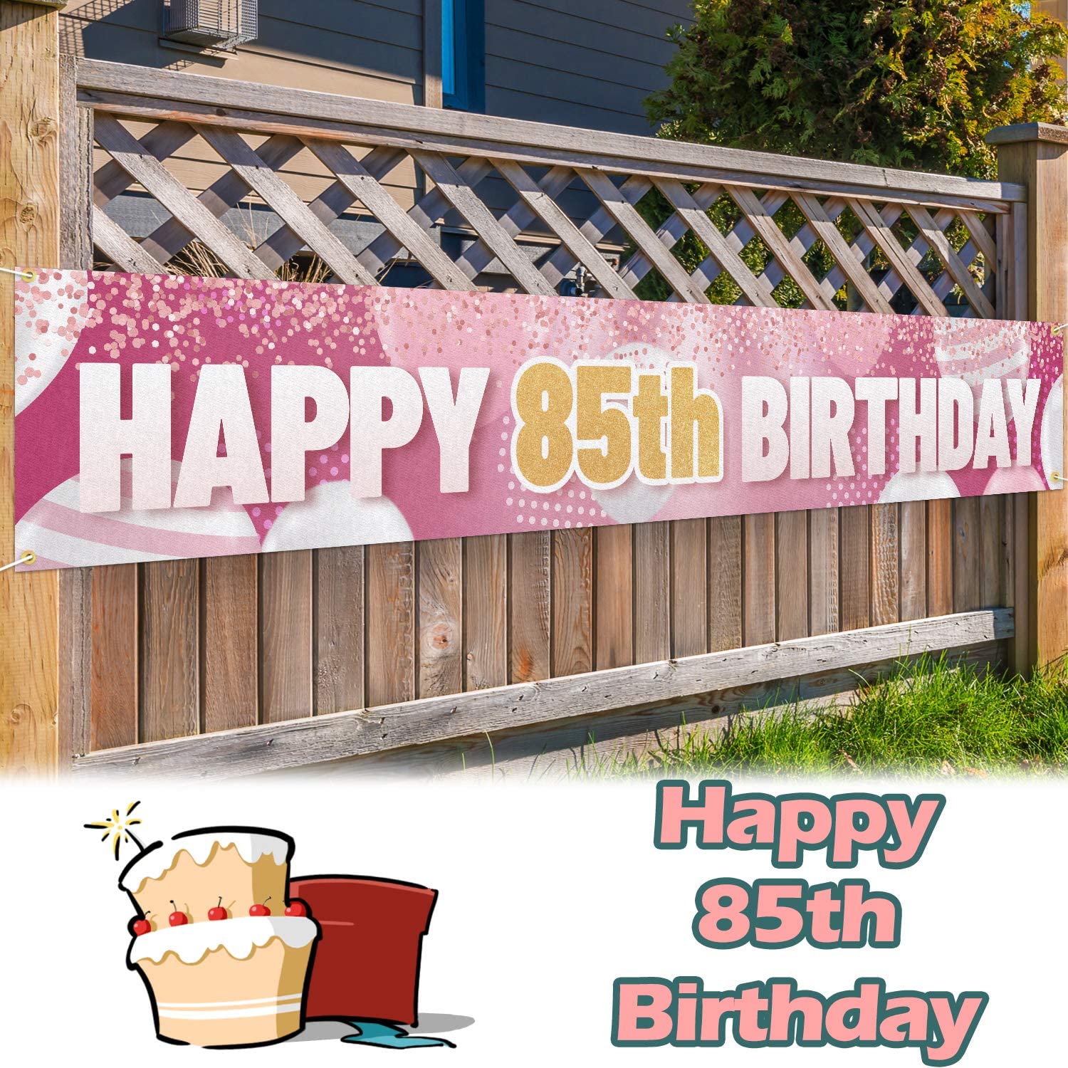 Large Sign Happy 85th Birthday Banner Pink - Cheers to 85 Years Old Decor Birthday party decoration banner 85th party PartyDecorHQ