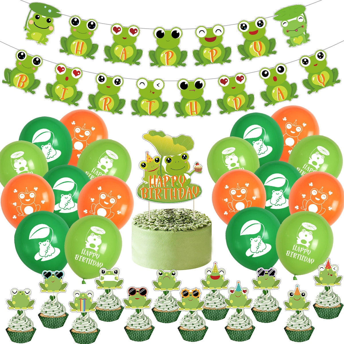 Frog Theme Birthday Party Decoration Frog Happy Birthday Banner Cake Topper Hanging Swirls Tassel Honeycomb Ornaments for Kids PartyDecorHQ