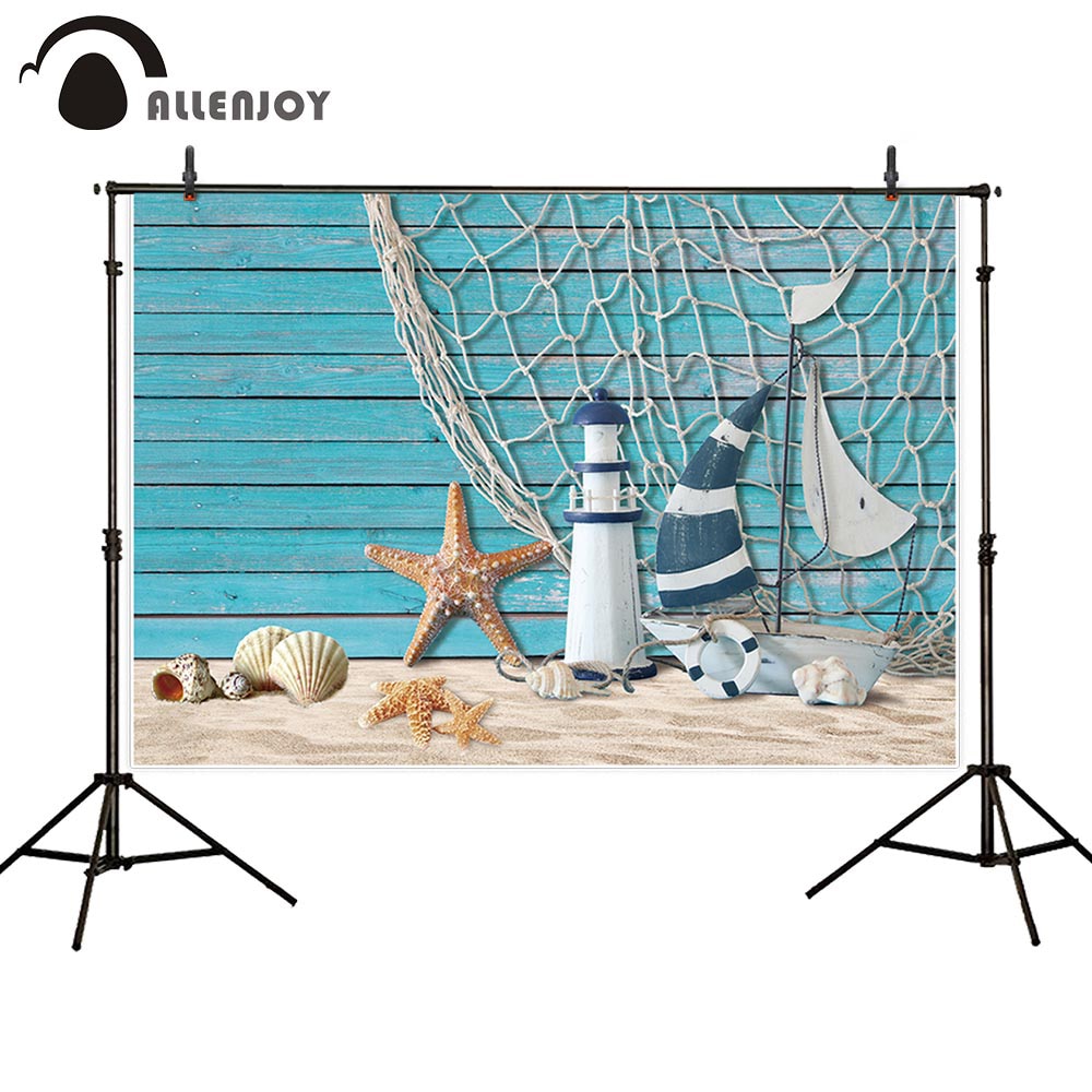 Summer Photography Backdrop Sailboat Starfish Net Lighthouse Beach Wood Child Birthday Portrait Background Photobooth 