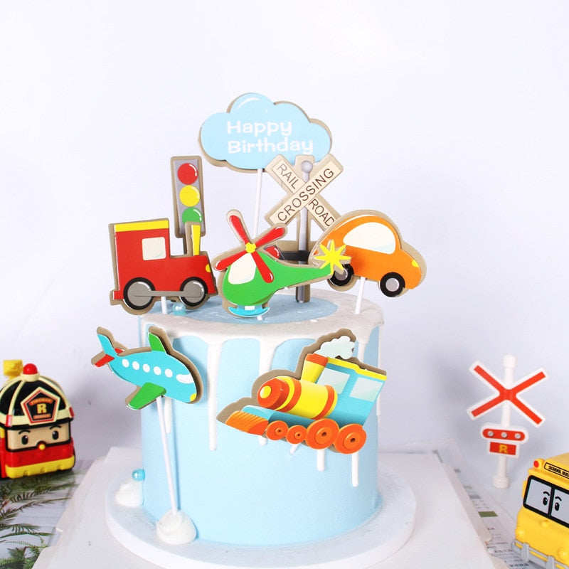 Happy Birthday Cake Topper Car Plane Traffic Light Wedding Decor Flag Kids Party DIY Baking Supplies Cupcake Toppers Baby Shower PartyDecorHQ