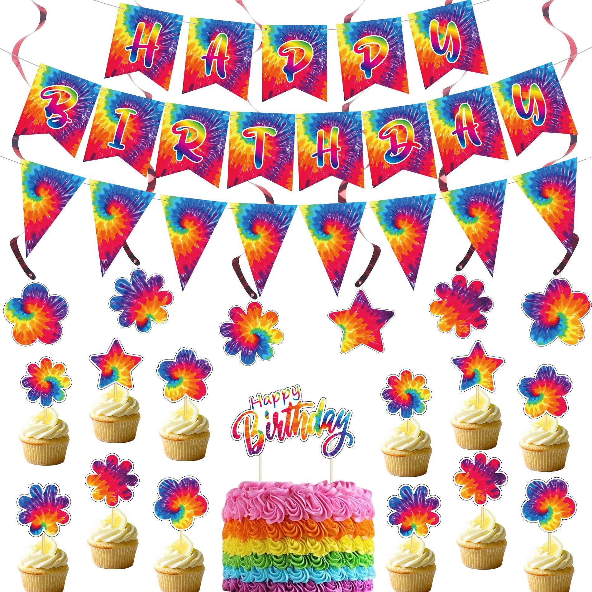 Tie-dye Theme Birthday Party Decoration Set Cake Topper Happy Banner Hanging Swirls Girls 