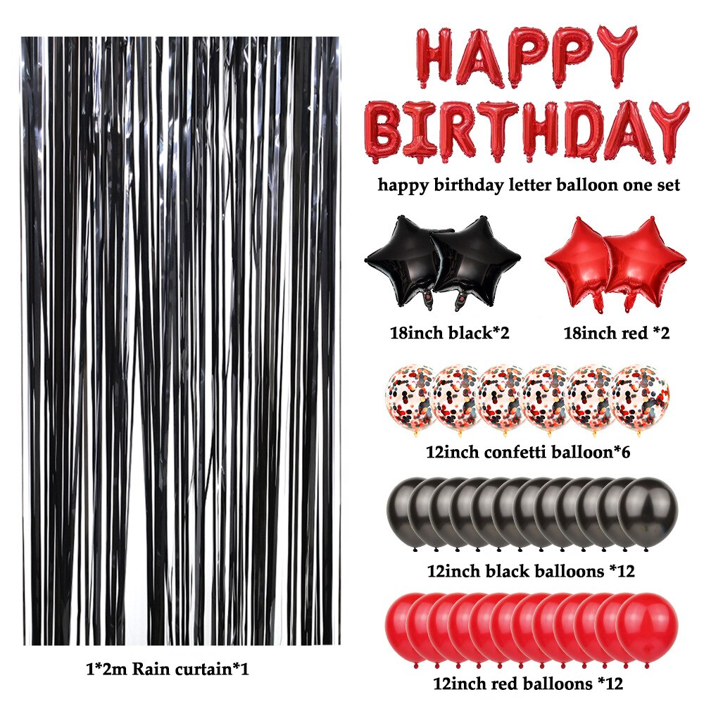 Red Black Balloon Arch Kit Star Foil Balloons Confetti Rain Silk Curtain Girl Women Birthday Party Supplies 