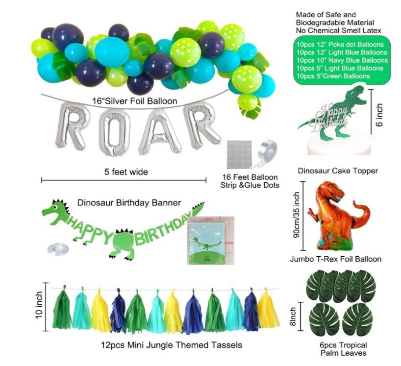 Dinosaur Birthday Party Decoration Green Latex Balloon Banner Cake Topper Tassel Boy Jungle Theme Supplies 