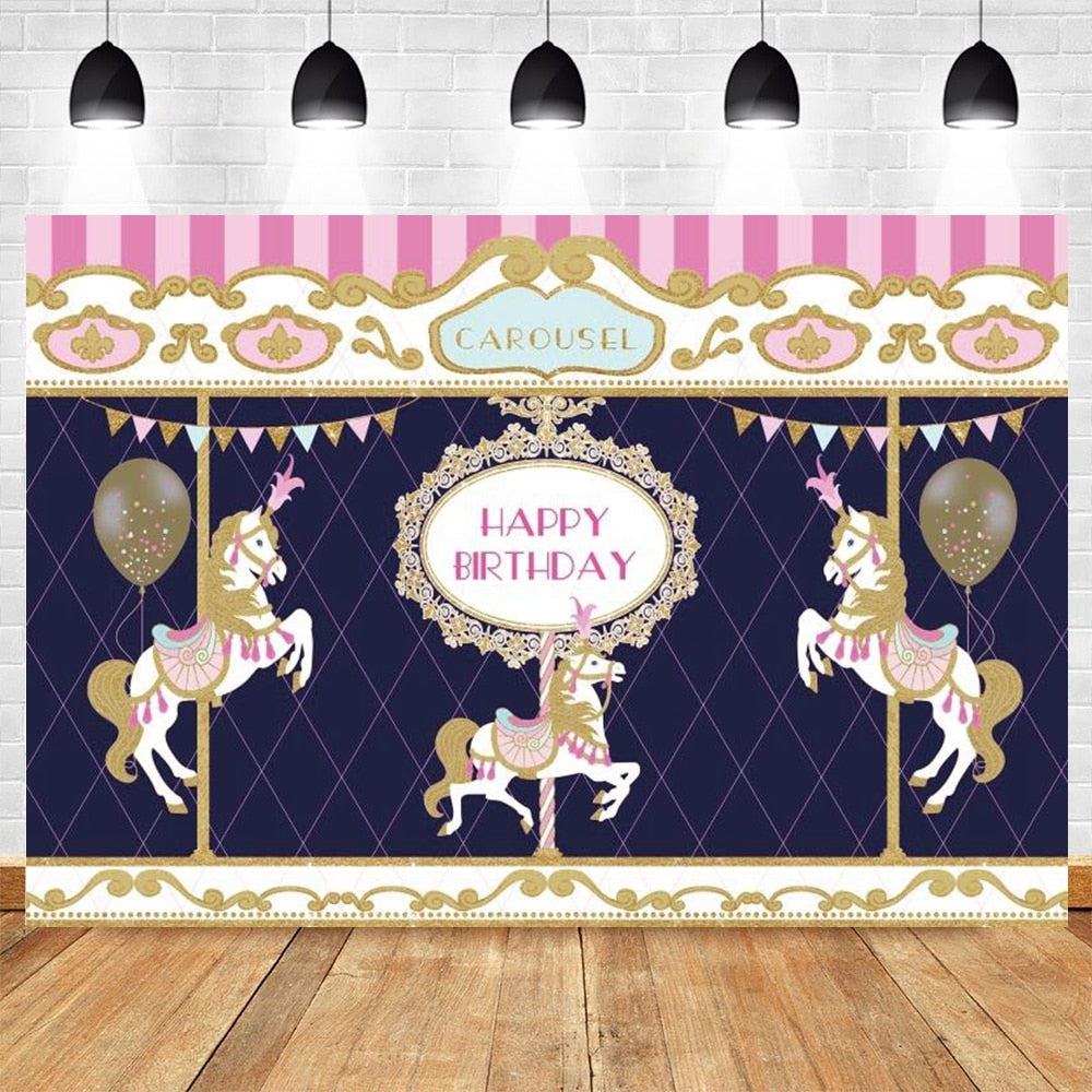 Happy Birthday Carousel Horse Photography Baby Party Decor Backdrop Photocall Background Photophone Photographic Photo Studio 