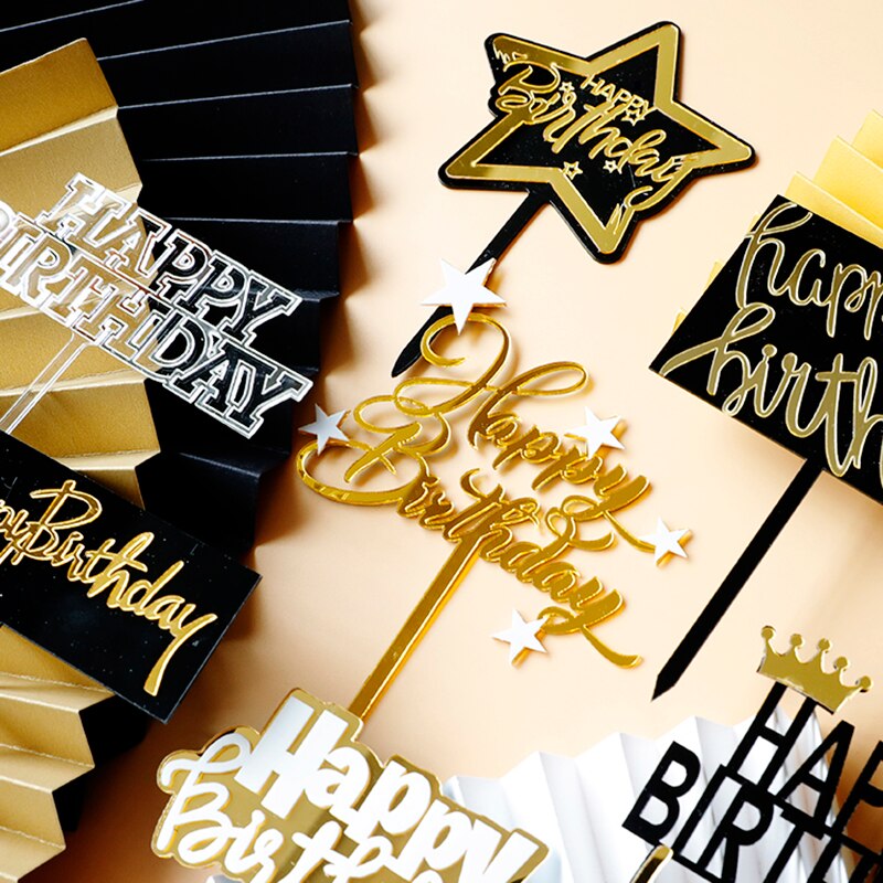 Acrylic Birthday Party Cake Topper Black Gold Girls Princess Happy Star Celebrate Dessert Baking Cakes Decoration 