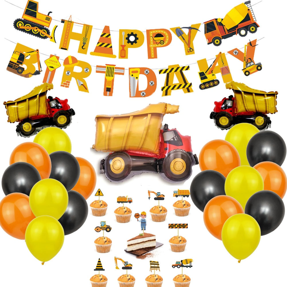 Engineering Vehicle Theme Balloon Birthday Decoration Set Fire Truck Foil Balloons Cake Topper Boy Party 