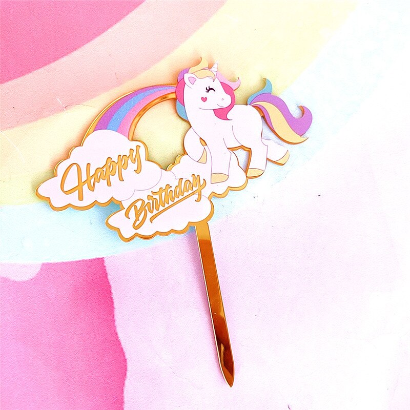 Love Happy Birthday Cake Topper Acrylic Cute Unicorn Gold Cake Top Flag Decoration for Happy Birthday Party Wedding Supplies PartyDecorHQ