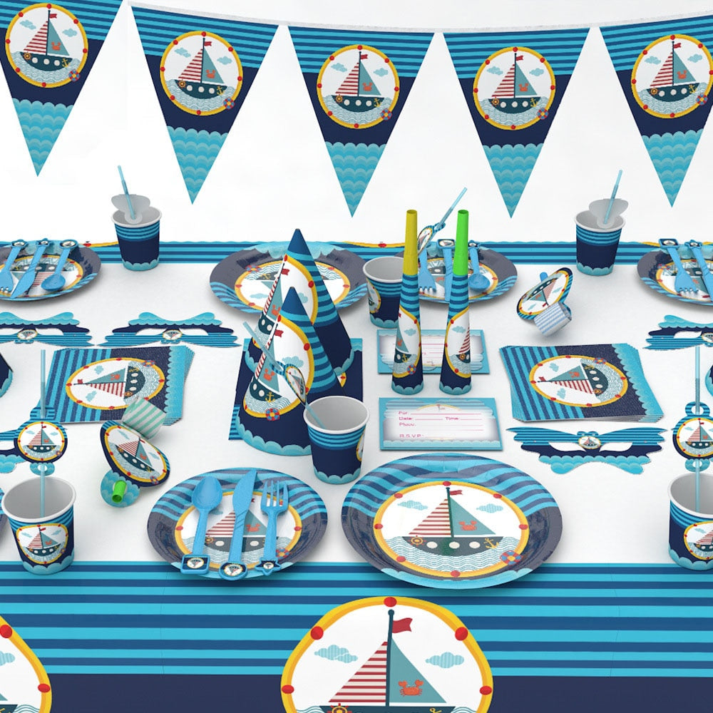 Nautical Theme Tableware Sets Kids Birthday Party Decorations Marine Blue Boat Paper Plates Cups sailboat Supplies 