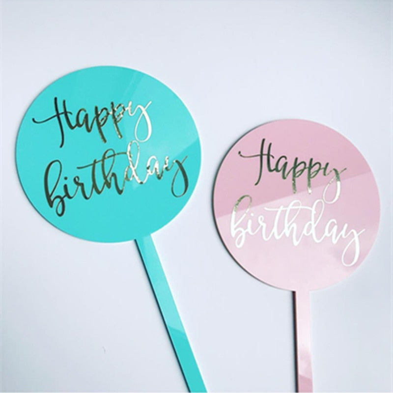 Round Happy Birthday Cake Topper Hot Stamping Acrylic Letter Cake Top Flag Decoration for Boy Girl  Birthday Party Supplies G PartyDecorHQ