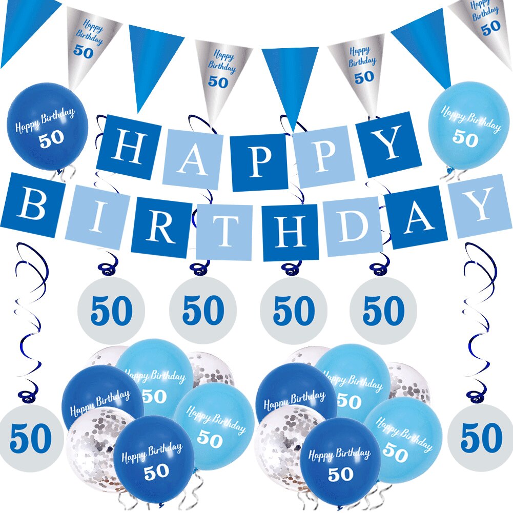 th Birthday Party Supplies Blue Silver Balloon Happy Banner Hanging Swirls Men Women Decoration 