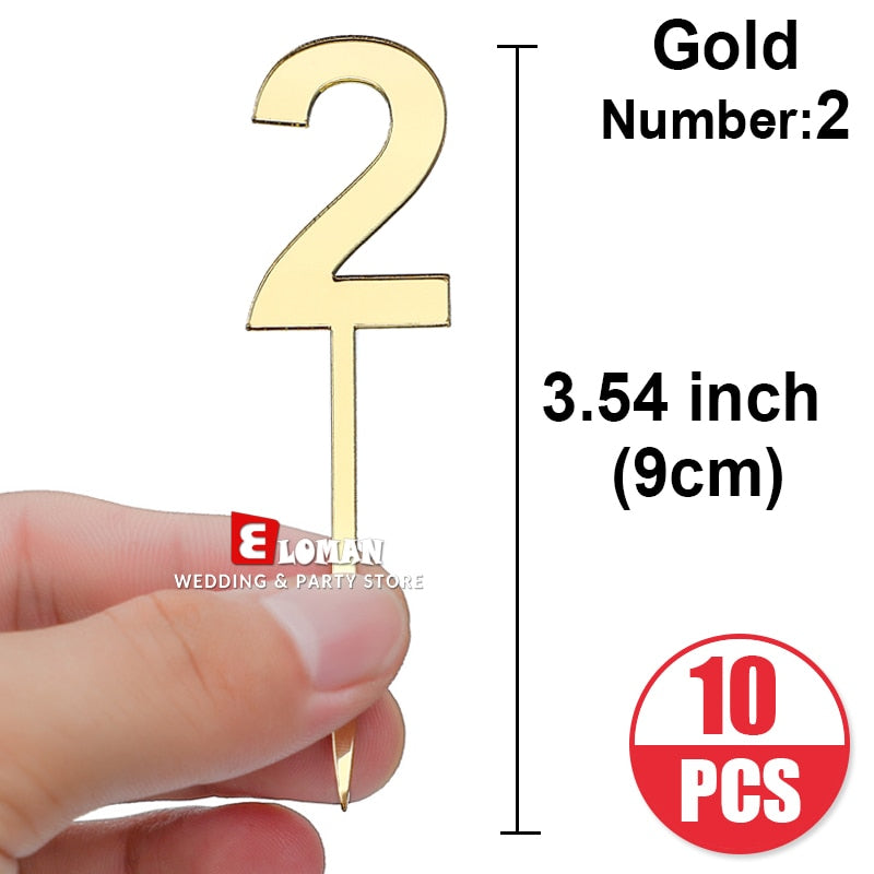 Birthday cupcake number Topper ELOMAN Gold Acrylic Cake Top Flag Decoration Boy girl Party Wedding Supplies 