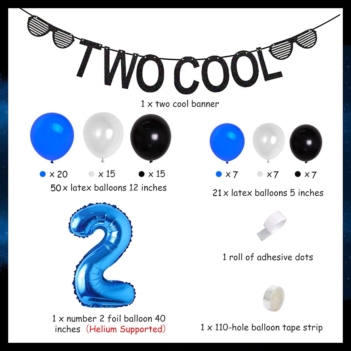 Blue Two Cool Balloon Banner Set Boys nd Year Old Birthday Party Decorations Number Foil Sunglasses Inflatable