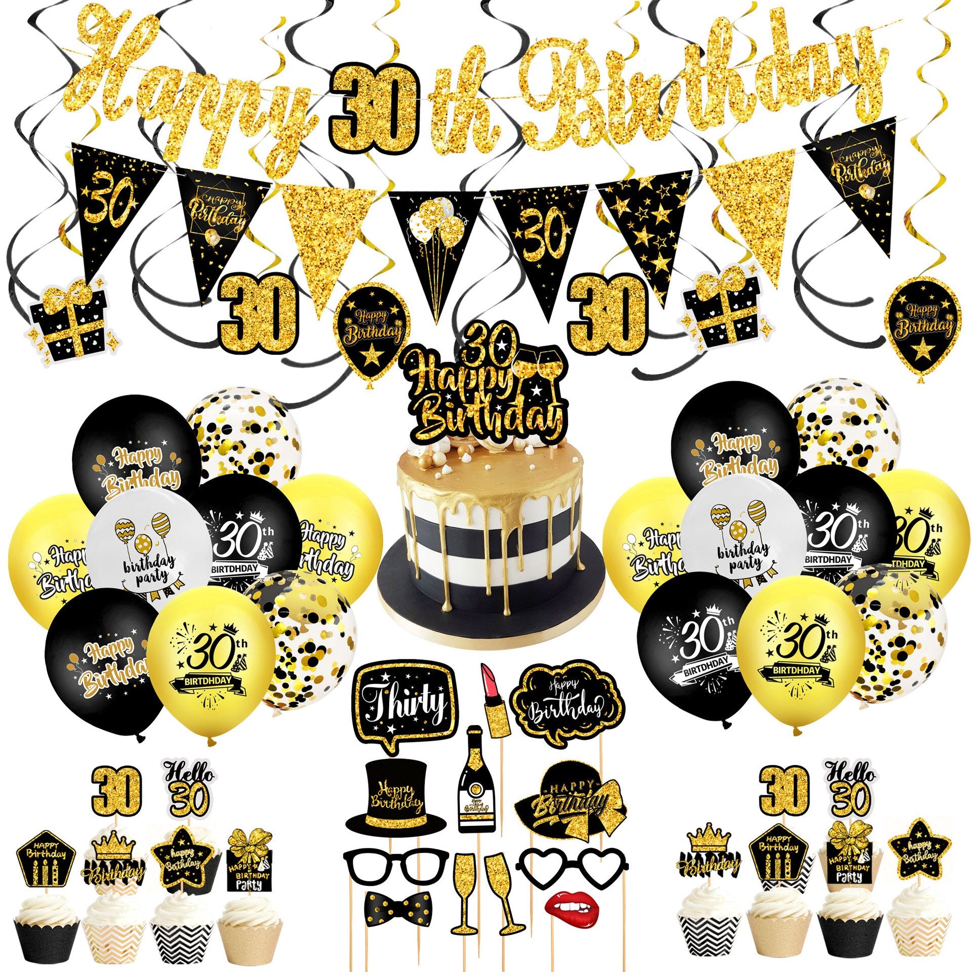 Birthday Balloon Arch Kit Back Gold Glitter Banner Photo Props CakeTopper Men Women th Party Decoration 