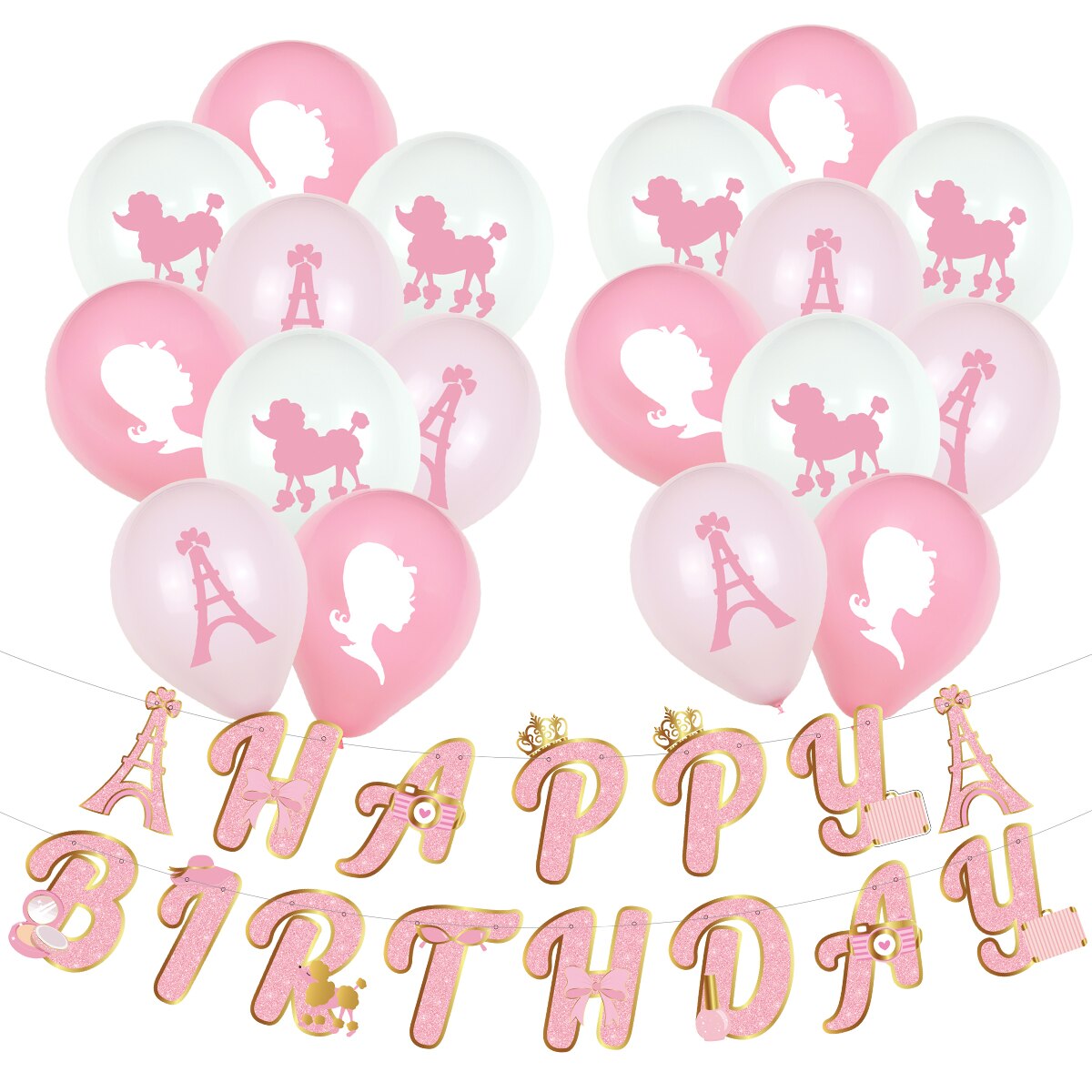 Fashion Girls Romantic Birthday Party Decoration Pink White Balloon Set Princess Print Banner Cake Topper Paper Honeycomb Ball 