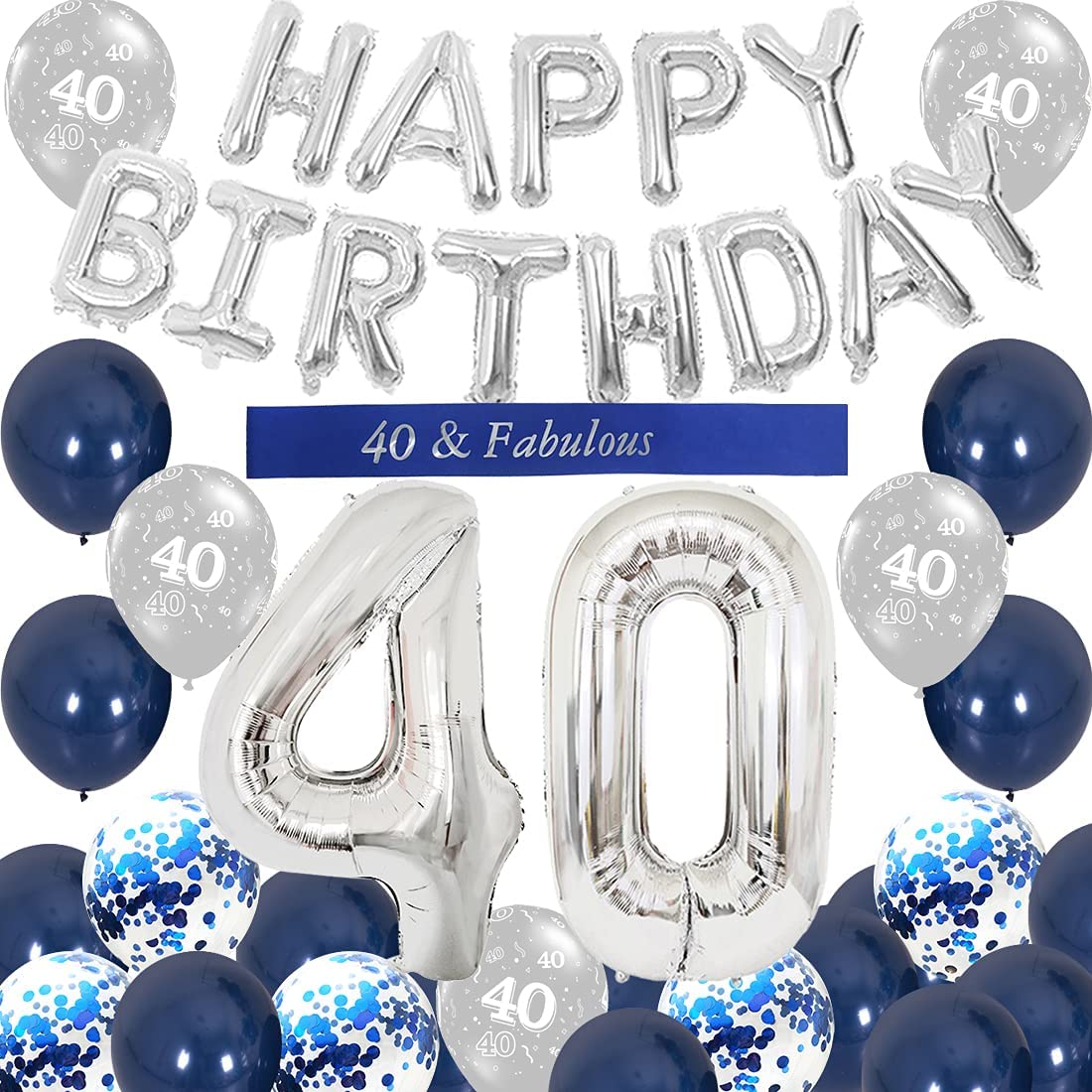 Blue Sliver Happy Birthday Balloon Banner Set with Sash Number 40 Foil Balloon for Men Women 40th Birthday Party Decoration PartyDecorHQ