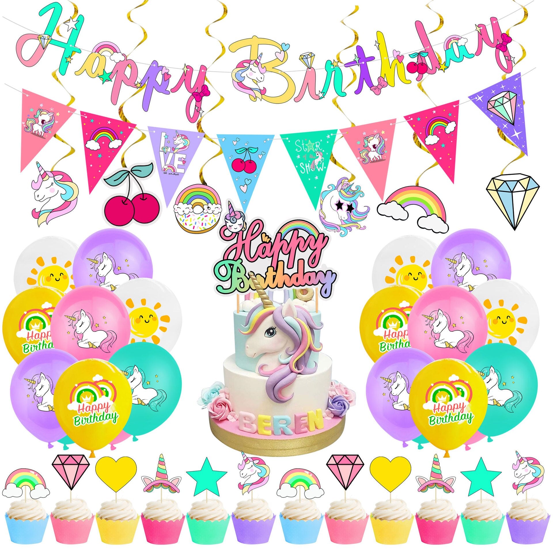 Unicorn Balloon Set Happy Birthday Banner Print Latex Cake Topper Girl st nd rd Party 